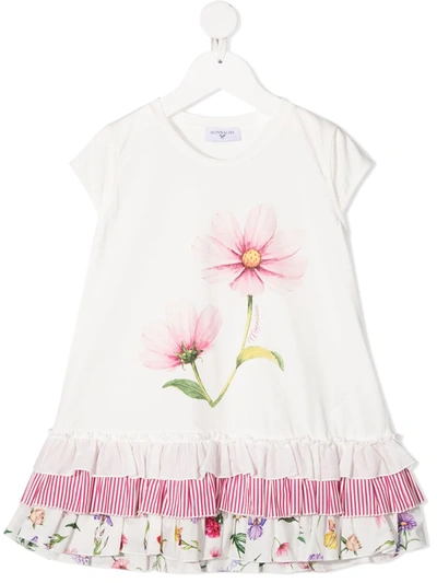 Monnalisa Kids' Maxi Sleeveless Crew Neck T-shirt With Flower Print In White