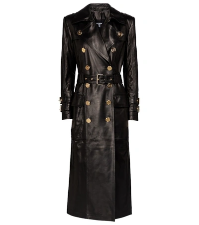 Balmain Belted Double-breasted Leather Trench Coat In Black