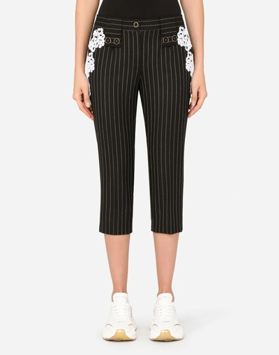 Dolce & Gabbana Pinstripe Wool Pants With Macramé Embellishment In Multicolor