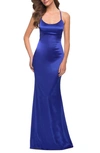 La Femme Chic Stretch Satin Gown With Scoop Neck And Open Back In Royal Blue