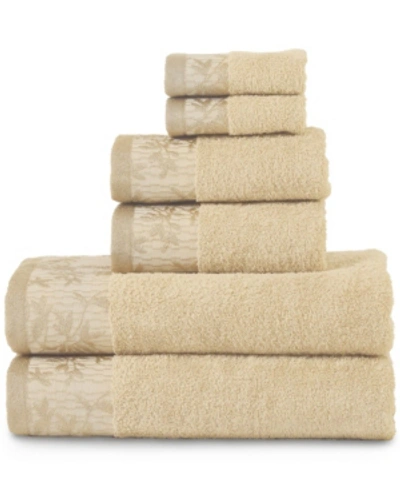 Superior Wisteria Floral Embroidered Jacquard Border Cotton Towel Set, 6 Piece In Beige Overflow