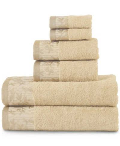Superior Wisteria Floral Embroidered Jacquard Border Cotton 6 Piece Bath Towel Set In Beige Overflow
