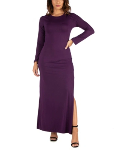 24seven Comfort Apparel Women's Long Sleeve Side Slit Fitted Maxi Dress In Purple