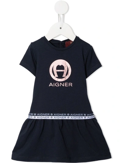 Aigner Kids' Logo-print A-line Mini Dress In Blue