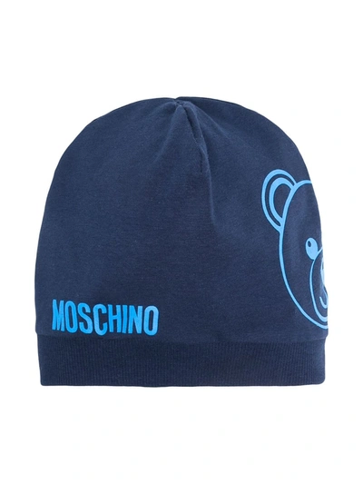 Moschino Babies' Logo Print Jersey Beanie In Blue