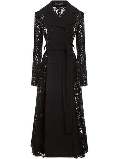 Dolce & Gabbana Lace-insert Tie-waist Trench Coat In Black