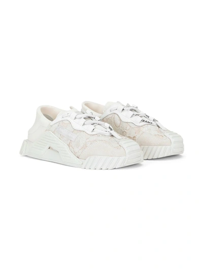 Dolce & Gabbana Kids' Logo-patch Lace-detail Sneakers In Bianco