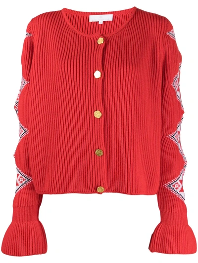 Ami Amalia Motif Intarsia Knit Cardigan In Red