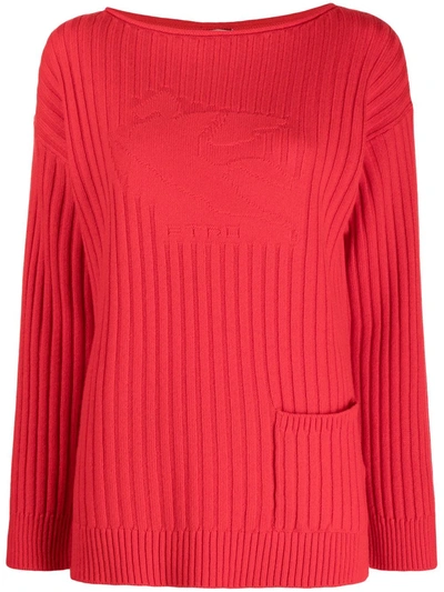 Etro Ribbed Knit Long-sleeved Jumper In Red