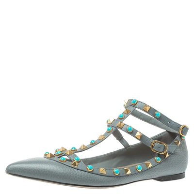 Pre-owned Valentino Garavani Grey Leather Rolling Rockstud Ankle Strap Ballerina Flats Size 37.5