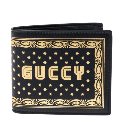 Pre-owned Gucci Black Leather Guccy Logo Bifold Wallet