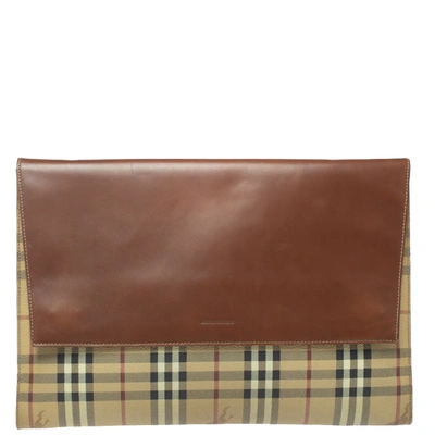 Pre-owned Burberry Beige/brown Haymarket Check Pvc And Leather Flap Oversized Clutch
