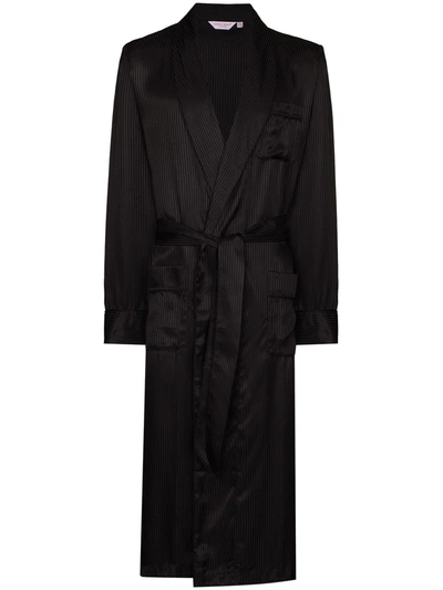 Derek Rose Black Woburn Pinstripe Silk Dressing Gown