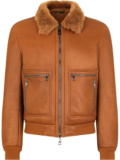 Dolce & Gabbana Shearling Lined Bomber Jacket In Brown