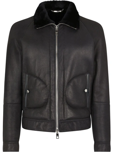 Dolce & Gabbana Shearling Lined Bomber Jacket In Blue