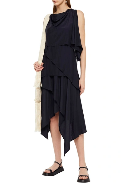 Jw Anderson Asymmetric Layered Satin Midi Dress In Midnight Blue