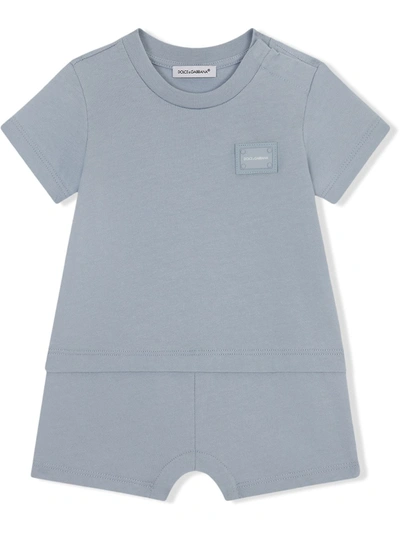 Dolce & Gabbana Babies' Logo-patch Short-sleeve Set In Blue