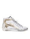 Golden Goose Slide Metallic Distressed Leather High-top Sneakers In White/gold
