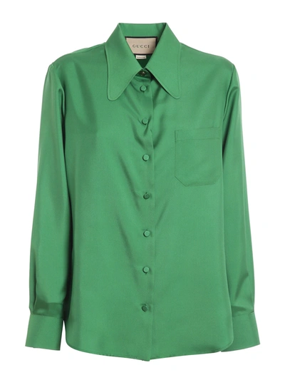 Gucci Green Twill Shirt With Point Collar