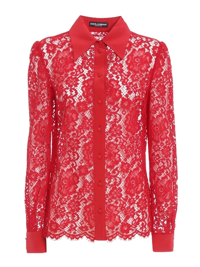 Dolce & Gabbana Lace & Crepe De Chine Sheer Shirt In Red
