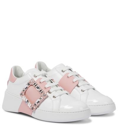 Roger Vivier Leather Embellished Viv Skate Sneakers In White Pink