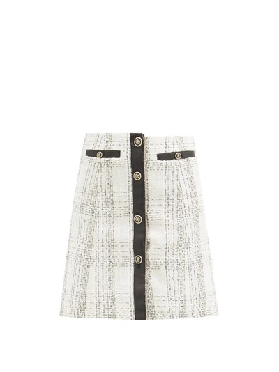 Ferragamo Leather-trimmed Checked Cotton-blend Tweed Mini Skirt In White,black