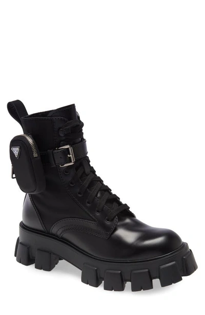 Prada Leather Combat Boots In Black