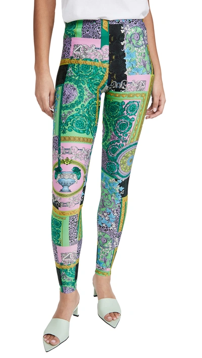 Versace Barocco Patchwork Print Leggings In Green,pink,gold
