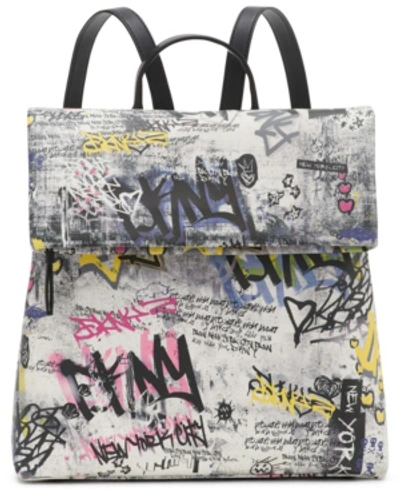Dkny Tilly Graffiti Foldover Backpack In White Multi/silver