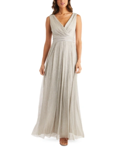 R & M Richards Crinkle Pleated Gown In Champagne
