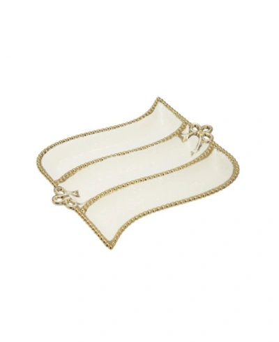 Classic Touch Porcelian 3 Divider Cracker Dish With Gold Beaded Design In White
