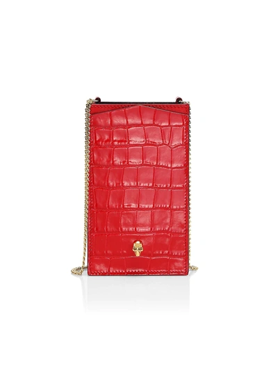 Alexander Mcqueen Skull Embellished Croc Embossed Patent Leather Chain Phone Case In Red