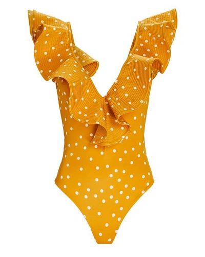 Johanna Ortiz Polka Dot-print Ruffled Swimsuit In Yellow