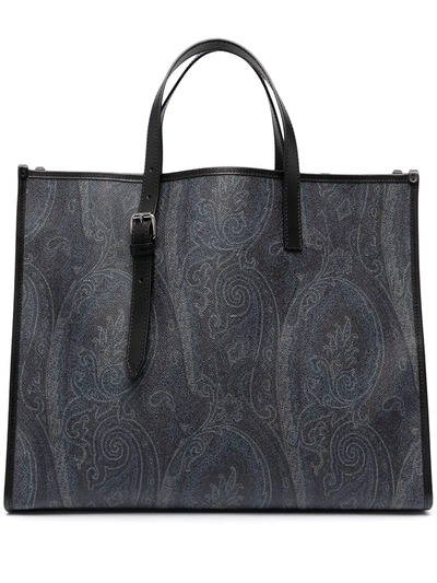 Etro Leather Tote Bag In Paisley Print In Blue