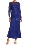 Marina Sequin Lace Long Sleeve Gown In Cobalt