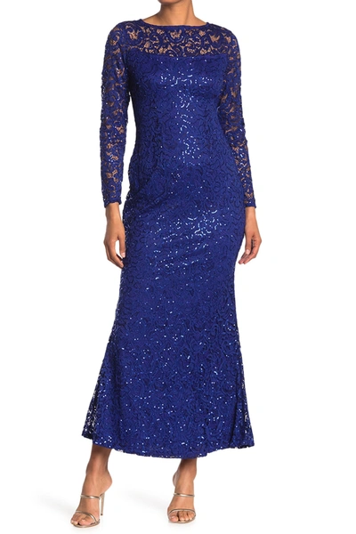 Marina Sequin Lace Long Sleeve Gown In Cobalt