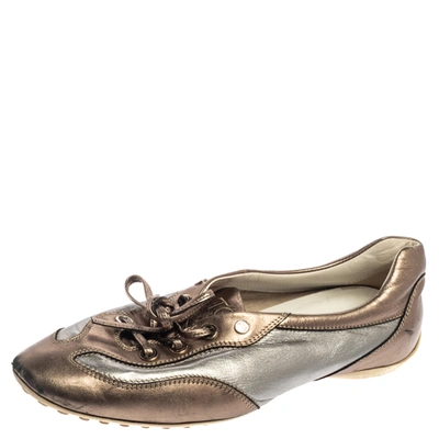 Pre-owned Tod's Metallic Bronze/silver Leather Low Top Trainers Size 38.5