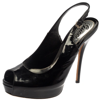 Pre-owned Gucci Black Patent Leather Sofia Platform Slingback Sandals Size 37