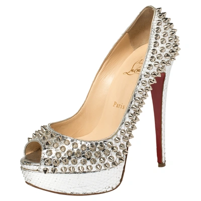 Pre-owned Christian Louboutin Silver Python Spiked Lady Peep Pumps Size 37