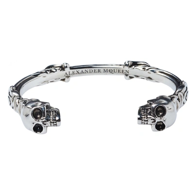 Pre-owned Alexander Mcqueen Twin Textured Skull Cuff Bracelet In Silver