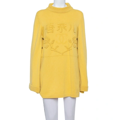 Pre-owned Chanel Paris Shanghai Collection Yellow Cashmere Logo Intarsia Knit Jumper L