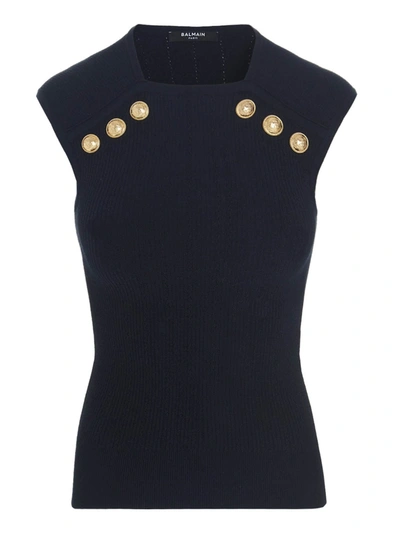 Balmain Button-embellished Ribbed-knit Tank In Black