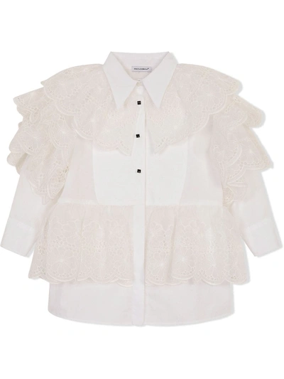Dolce & Gabbana Kids' Ruffled Button-up Shirt Dress In Bianco