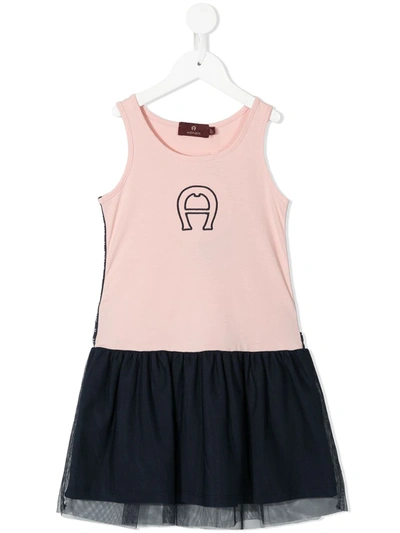Aigner Kids' Layered Logo A-line Dress In Blue