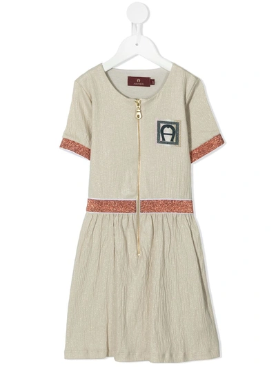 Aigner Kids' Zip-through Crinkle A-line Dress In Gold