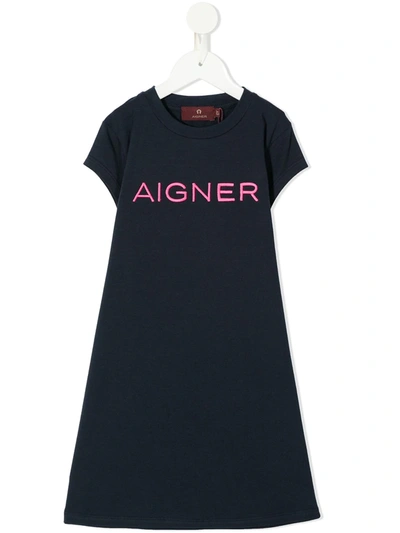 Aigner Kids' Logo刺绣t恤式连衣裙 In Blue