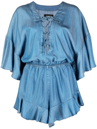 Pinko Ruffle-trim Lace-up Chambray Playsuit In Blue