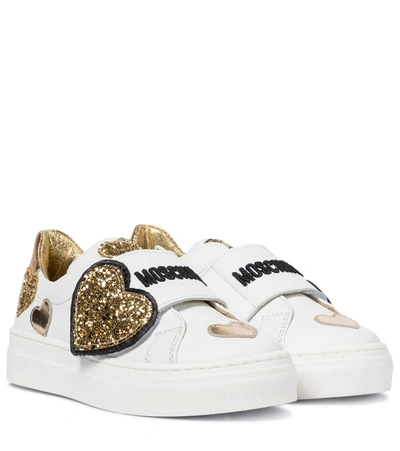 Moschino Kids' Glittered Hearts Strap Leather Sneakers In White,gold