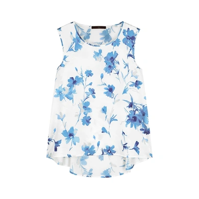 High Cue Floral-print Satin Top In White And Blue