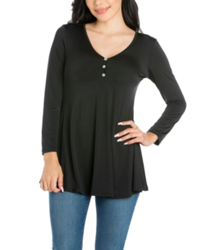 24seven Comfort Apparel Women's Flared Long Sleeve Henley Tunic Top In Black